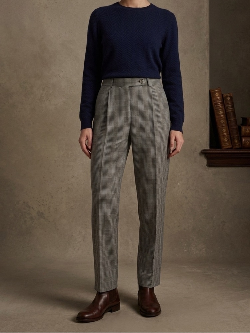 Bernard Zins Saks Fifth Ave Blue Cream Glen Plaid Wool Lined Trousers Sz 4 90’s